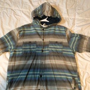 striped hooded button down shirt